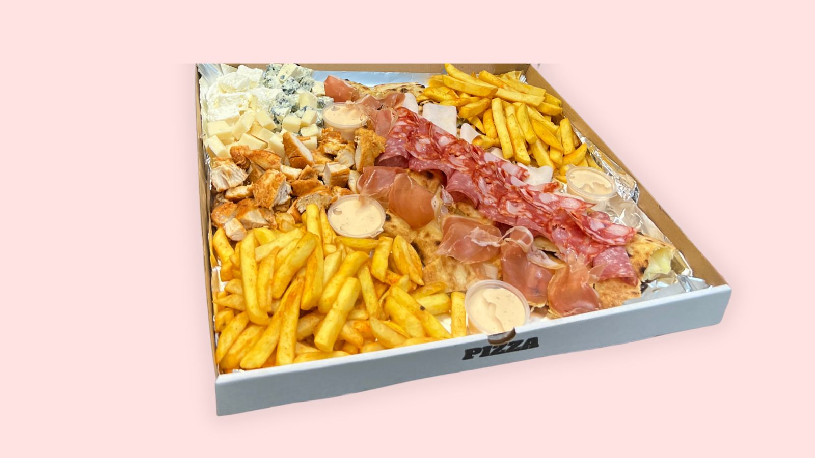 Large Kler sharing box with prosciutto, salami, chicken, cheeses, chips and dips
